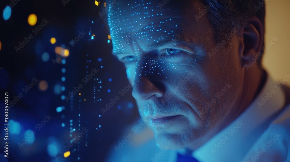Poster futuristic facial recognition software mapping the face of a businessman analyzing a stream of data 