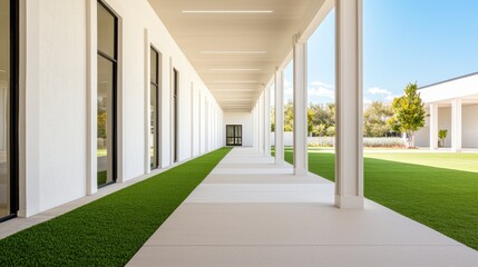 Obraz premium Modern school sports ground design Concept, Modern Open Air Yoga Zone with Soft Flooring Surrounded by Greenery for Relaxation and Mindfulness Activities