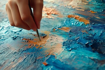 A close-up shot of an artist’s hand delicately applying fine details to a textured abstract painting using a brush.