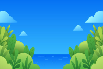 Obraz premium Summer landscape with trees, sea, and beach in a tropical setting with palm trees, sand, and waves under the sun and clouds