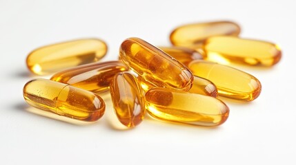 Fish oil capsules, omega 3 on white	

