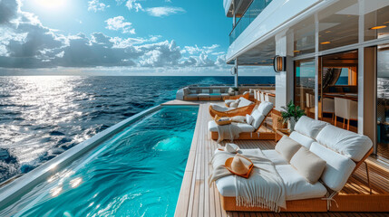 Fototapeta premium Swimming pool with clear water, sun loungers against blue sea on sunny day. Luxury mini hotel on seashore or cruise ship, yacht. Tropical Beach Resort. Copy space for text.