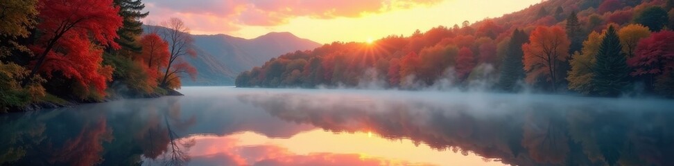 Fototapeta premium Misty sunrise paints autumn lake, colorful foliage reflects , orange, season, scenic