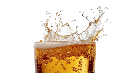 . PNGRefreshing fizzy drink splashing in a glass with golden bubbles isolated on a white background