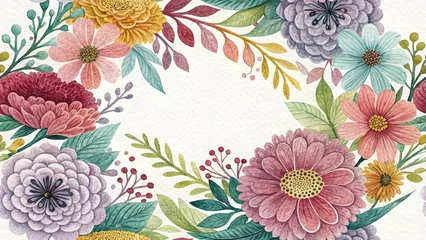 Wandcirkels aluminium Watercolor Flower Circle, Botanical Painting, Floral Wreath,  Art Print,  Hand Painted,  Whimsical Flowers,  Circle Design,  Watercolor Texture,  Fine Art,  Flower Illustration © Autun