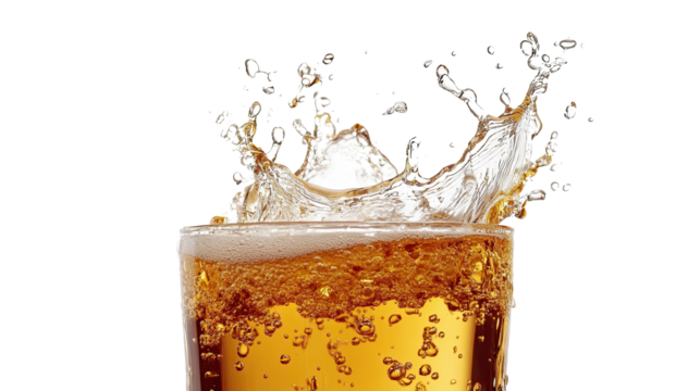 . PNGRefreshing fizzy drink splashing in a glass with golden bubbles isolated on a white background