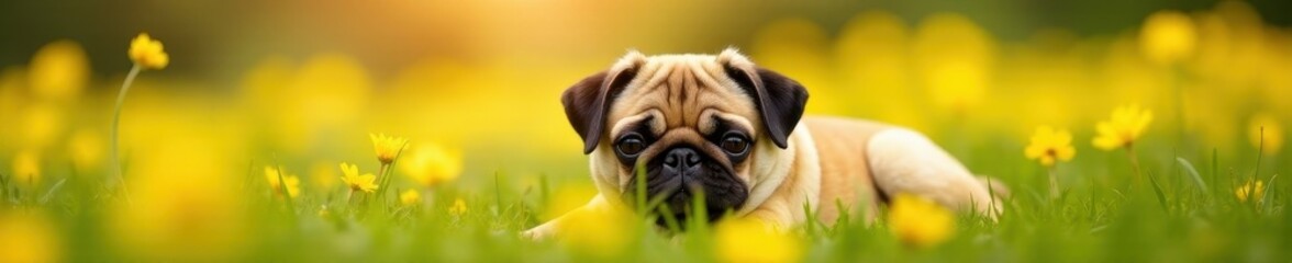Obraz premium Pug nestled in sunny yellow wildflowers, blissful nap , relax, meadow
