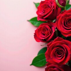 Overhead shot of vibrant red rose bouquet, lush petals , bloom, isolated, leaves