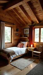 Cozy wood chalet with brown painted wall and wooden beams, pine wood chalet, rustic decor