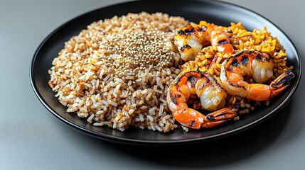Delicious grilled shrimp served with seasoned rice and sesame seeds in a stylish black plate at a dining table