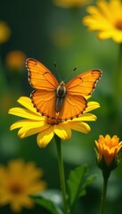 Fototapeta premium Spectacular orange butterfly on sunny yellow flower in lush garden , stock photo, macro, fauna