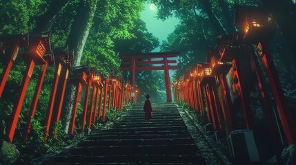A Lone Figure Ascends A Mystical, Lantern-lit Staircase Leading To A Sacred Torii Gate Nestled Within A Tranquil, Emerald Forest At Twilight