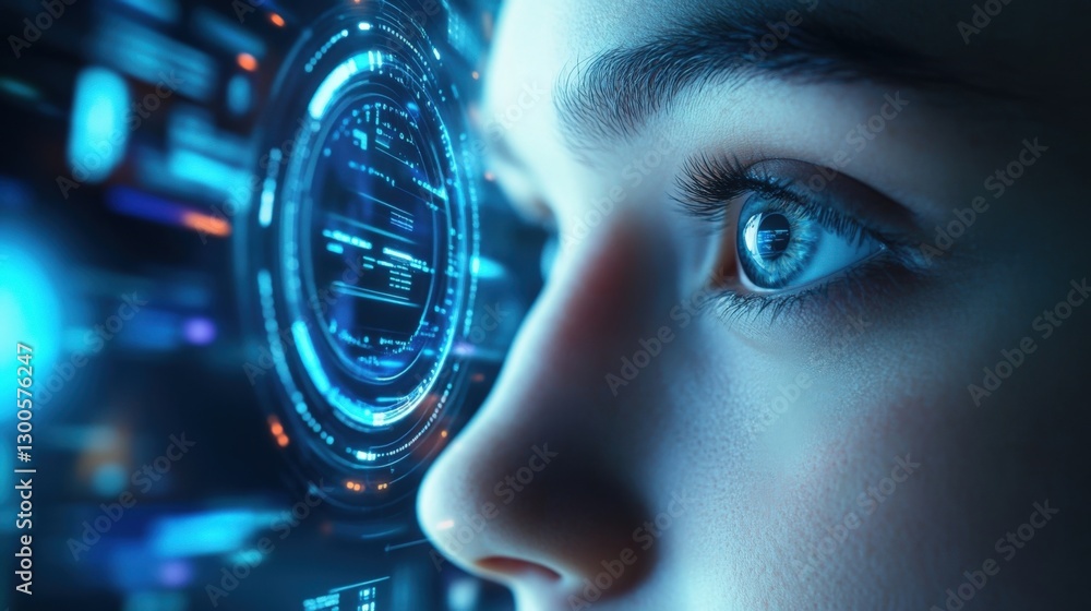 Poster close up of a child's eye interacting with a futuristic holographic interface, exploring the immersi