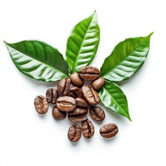 Coffee beans and green leaves on an isolated white background. Generated AI
