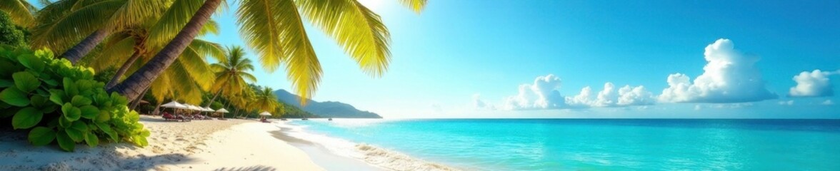 Fototapeta premium Sun-drenched beach, swaying palm trees, turquoise water, sand dune, travel