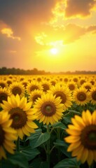 Obraz premium Sun-drenched sunflowers, a sea of yellow, stretching to the horizon , field, wide shot
