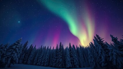 Aurora borealis in the night sky above a snowy forest, glow, aurora