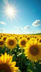 Fototapeta premium Sun-drenched sunflowers, a sea of yellow, stretching to the horizon , nature, rural, sunflowers
