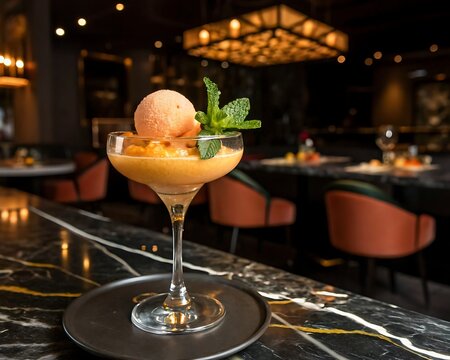 Elegant peach sorbet dessert in a coupe glass, garnished with mint. Restaurant setting.