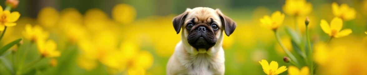Obraz premium Tiny pug amidst vibrant yellow blooms, serene scene , adorable, peaceful, spring