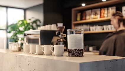 Modern Coffee Shop Interior with Coffee Beans and Cups