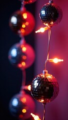 Fototapeta premium Disco balls and fairy lights woven into a decorative garland, disco ball, sparkle, shine