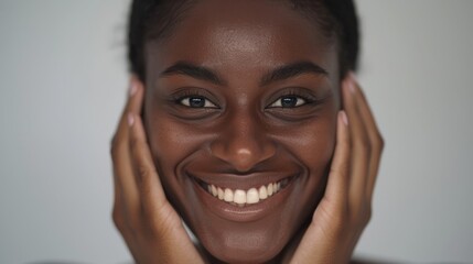 "Woman smiling at camera with her hands gently covering her face."