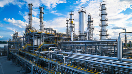Fototapeta premium Petrochemical, oil refinery at sunset, twilight. Teamwork chemical refinery plant. unsustainable pipeline industrial aerial view factory skyline 