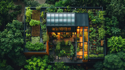 Fototapeta premium Organic farm factory top view, rooftop greenhouse integration, automated irrigation systems, and AI-controlled climate optimization for sustainable food production