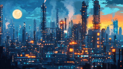 Fototapeta premium Petrochemical, oil refinery at sunset, twilight. Teamwork chemical refinery plant. unsustainable pipeline industrial aerial view factory skyline 