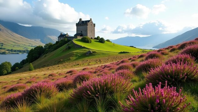 Lush greenery and heather on the hills around Castle Stalker, Wildlife Habitat, Scotland