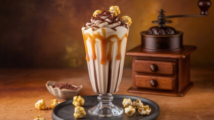 Indulgent Caramel Milkshake with Cream Liqueur, Chocolate Powder, and Caramel Popcorn Garnish in a Rustic Setting – Perfect for Dessert, Comfort, and Gourmet Beverage Inspiration