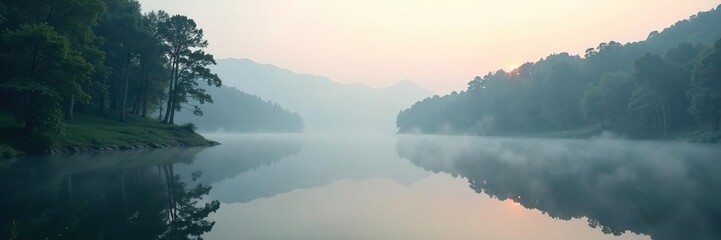 Misty lake waters reflect serene surrounding trees, forest, misty, reflection