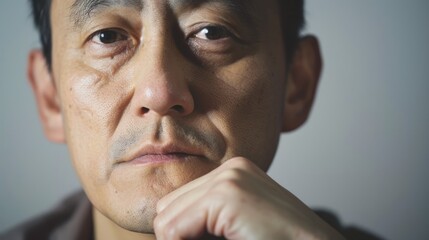 Obraz premium The image depicts an older Asian man contemplating something.