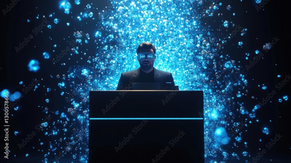 Poster an upwardangle view of a presenter standing behind a stylish podium utilizing augmented reality glas