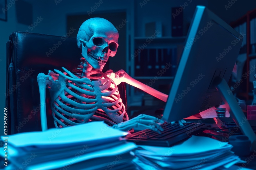 Poster skeletal figure working intently at a computer desk.