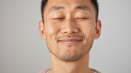 Obraz premium Man in photo smiling, with closed eyes, suggesting a moment of contentment or meditation.