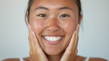 The image features a smiling person with glowing skin, highlighting skincare or beauty theme.