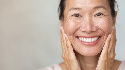"The image captures a close-up of a smiling woman applying skincare products with visible results."