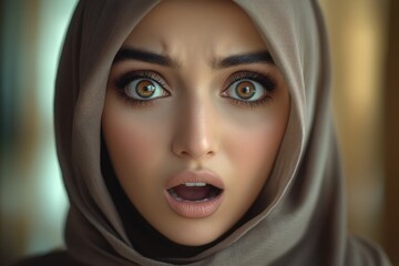 Woman in hijab expressing shock and surprise in a brightly lit indoor setting during the daytime