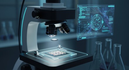 Fototapeta premium Microscope Analyzing Sample in Laboratory with Digital Screen Displaying Data