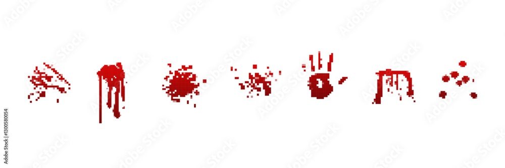 Poster bright red handprints and splatters with multiple shapes are arranged on a light canvas.