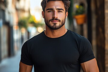 Handsome young man standing confidently in a sunlit city street surrounded by charming architecture and greenery