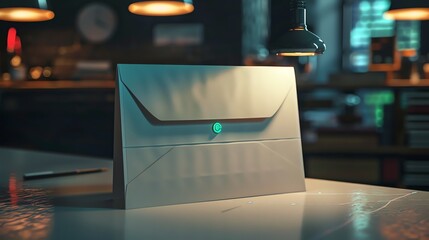 A white envelope with a glowing green button sits on a table in a dimly lit room.