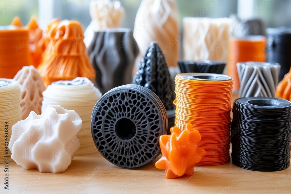Poster 3d printed objects in varied shapes and bold colors.