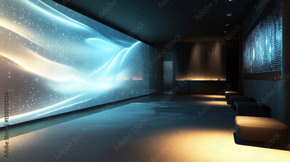 Poster large interactive display showing abstract flowing shapes and data visualization in a modern gallery