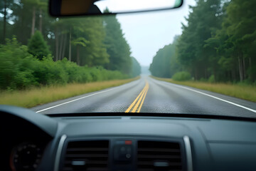 Inside the car, looking out were many tall trees