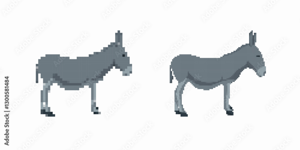 Poster two pixel art donkeys stand side by side. both are facing right in this simple digital design.