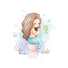 Watercolor Illustration Cute Mermaid and Sea Horse