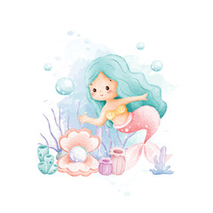 Watercolor Illustration Cute Mermaid Found Pearl in Coral